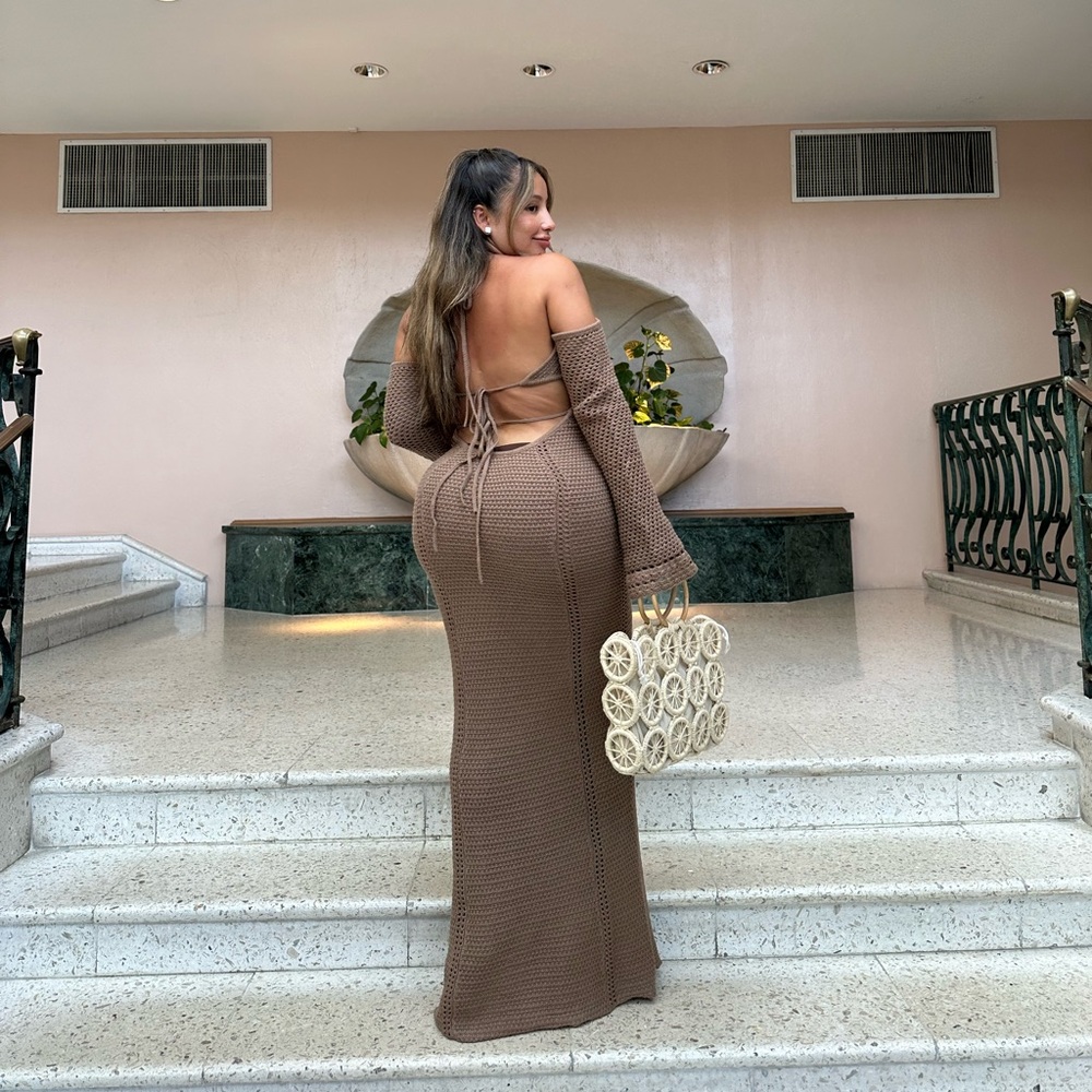 Off-Shoulder Brown Crochet Maxi Dress - Picture 2 of 2